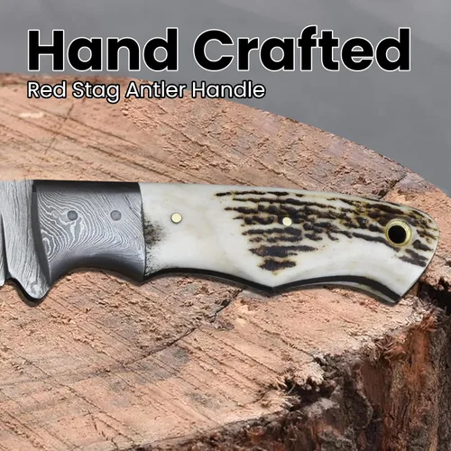 Vista 4 de Knives Ranch BIJOU - Cuchillo de caza EDC hecho a mano, acero de damasco, espiga completa, agarre de asta de ciervo, funda horizontal