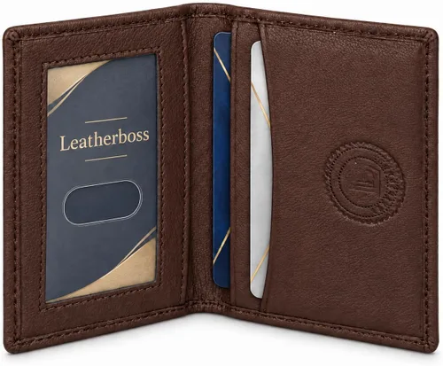 Vista 14 de Leatherboss Cartera Bifold Delgada de Cuero Genuino Porta Tarjetas de Crédito, Débito e ID Compacta y Elegante con Ventanas Transparentes