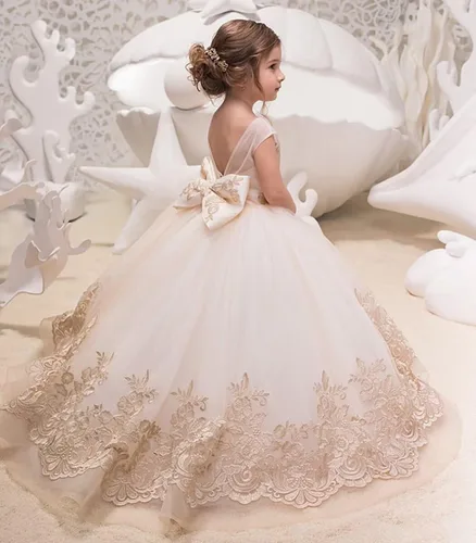 Vista 2 de Vestidos de tul para niñas de flores, vestido de fiesta de boda con nudo de lazo
