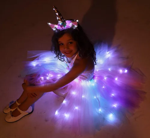 Vista 2 de Disfraz de princesa de unicornio para niñas, disfraz de fiesta de cumpleaños con luz LED, vestido de tutú de Halloween con diadema