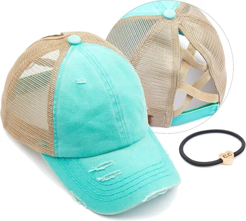 Vista 49 de C.C Gorra de béisbol de malla con diseño de estrella brillante, gorra de camionero ajustable para moño o cola de caballo Una banda elástica-negro