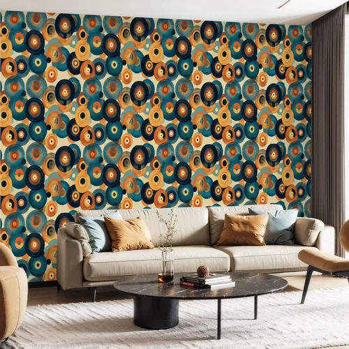 Vista 5 de Papel tapiz autoadhesivo para despegar y pegar, para encimera, discos de vinilo retro abstractos, tonos cálidos, diseño circular, autoadhesivo