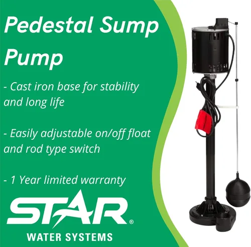 Vista 4 de Star 5CHD ½ HP Bomba de sumidero de pedestal de hierro fundido con interruptor de varilla flotante de encendido/apagado ajustable, bomba de columna