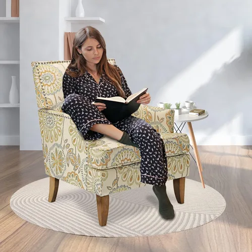 Vista 8 de Sofá con acento floral, silla con respaldo alado, cómoda silla de club, silla individual tapizada con brazos de lectura para sala de estar
