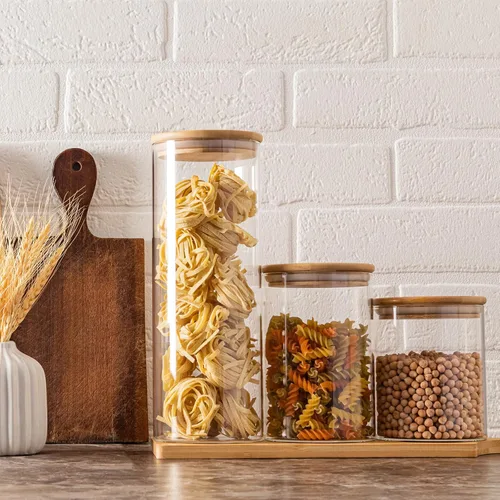 Vista 5 de SHOWIN Tarros de almacenamiento de pasta de vidrio de 73 onzas, tarros altos de vidrio con tapas de bambú, contenedor de espagueti, juego de 3