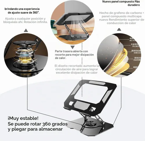 Vista 2 de Soporte giratorio de 360° para computadora portátil, elevador ergonómico de acero sólido resistente, soporte plegable para computadora portátil