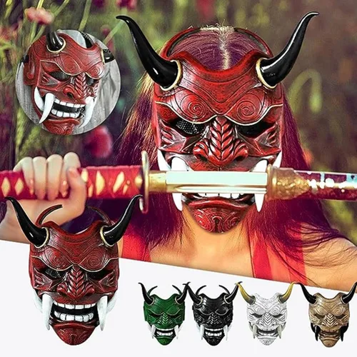 Vista 7 de LOCHE Máscara de Samurai Oni, máscara japonesa de Halloween, máscara de Samurai Hannya, disfraz de guerrero cosplay para fiesta de Halloween