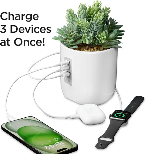 Vista 3 de iHome PowerPlant - Estación de carga, suculentas falsas con estación de carga USB para iPhone, Android y más, color blanco (iPP45)