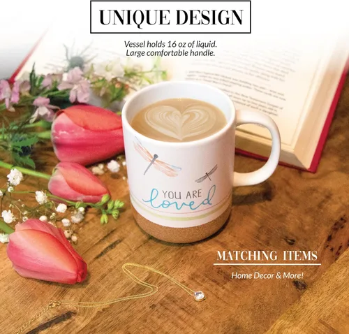 Vista 4 de Pavilion Gift Company You Are Loved - Taza de cerámica de 16 onzas con fondo glaseado de arena, libélula, taza de café de mango grande, regalo