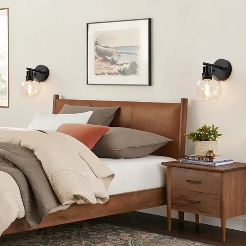 Vista 4 de Indoi Juego de 2 apliques de pared negros mate, lámparas de tocador de vidrio transparente con base E26, luces de pared reversibles arriba o abajo