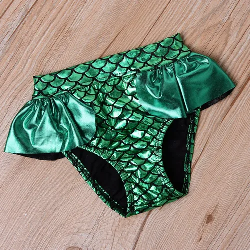 Vista 7 de Traje de baño de sirena para niños pequeños, conjunto de bikini con diadema, conjunto de 3 piezas