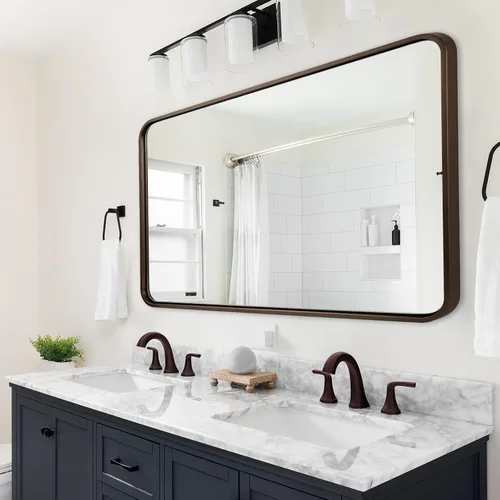 Vista 39 de Espejo de latón para baño, espejo rectangular redondeado de 22x30 pulgadas con marco de metal cepillado dorado, espejo de tocador de baño sin