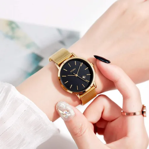 Vista 4 de SKMEI Womens Watches Slim Thin Luxury Dress Rose Gold Stainless Steel Mesh Watches Fashion Waterproof Ladies Black Wrist Watch with Date