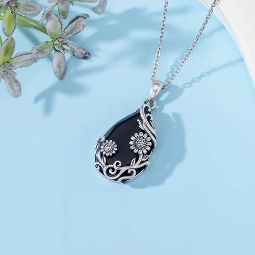 Vista 4 de Collar de margaritahibiscolotorosapeoníagirasol, plata de ley 925, lágrima, ónix negro, joyería de flores vintage, regalos para mujeres