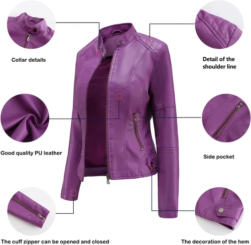 Vista 4 de DEAR MODEL Chaqueta de cuero sintético para mujer, chaqueta de motocicleta con cinturón, morado, XL