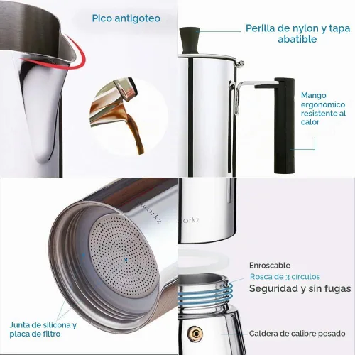 Vista 3 de Easyworkz Pedro Cafetera de Espresso para Estufa 4 Tazas 200ml Cafetera Italiana de Acero Inoxidable Moka Pot Cafetera de Espresso de Inducción