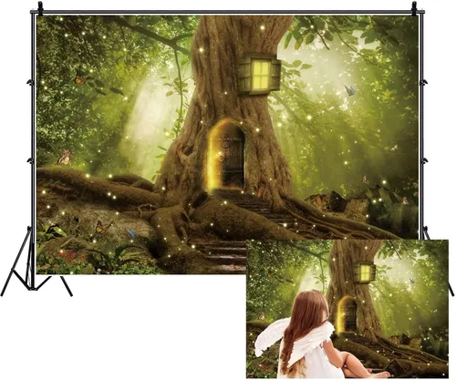Vista 9 de Renaiss Telón de fondo de bosque encantado de 5 x 3 pies, casa de árbol mágico, cuento de hadas, país de las maravillas, bosque, fantasía, selva