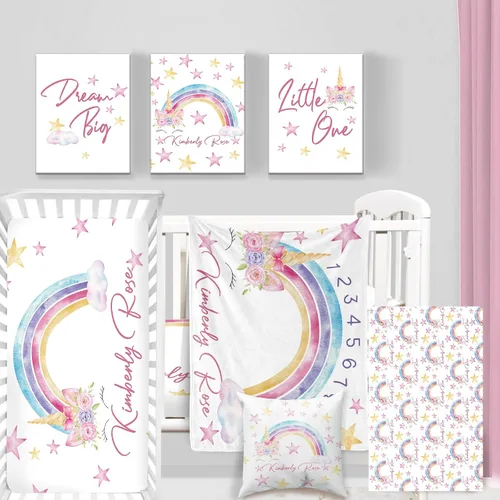 Vista 24 de Juego de ropa de cama personalizado para cuna de bebé, juego de 5 piezas para cuna de bebé, diseño de arco iris y diseño de arco iris, manta de bebé