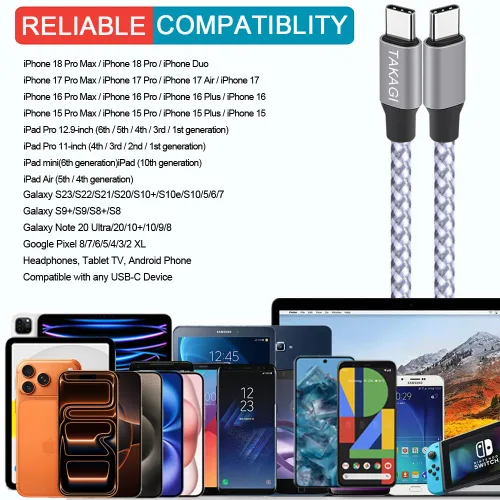 Vista 7 de Cable USB C a USB C, cargador tipo C, cable de carga rápida de 60 W, 3 pies, paquete de 3 Nylon Braided Data Sync SCSI Cable for iPhone 18 Pro