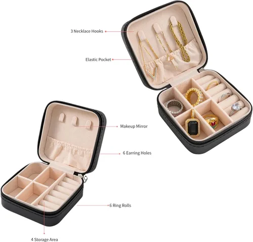 Vista 4 de KElofoN Organizador de joyas de viaje, joyero de viaje, caja organizadora de joyas pequeña para niñas y mujeres (negro)