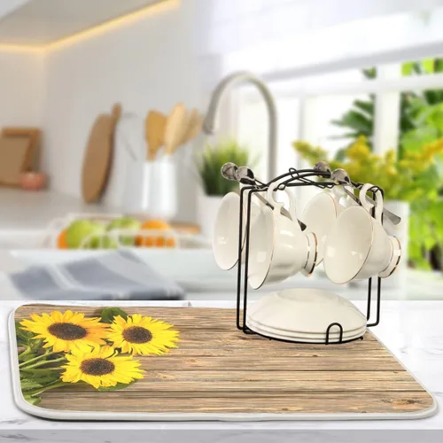Vista 5 de Tapete de secado de platos, girasoles en madera, tapete de secado reversible absorbente de flores, tapete de secado de platos, tapete para secar