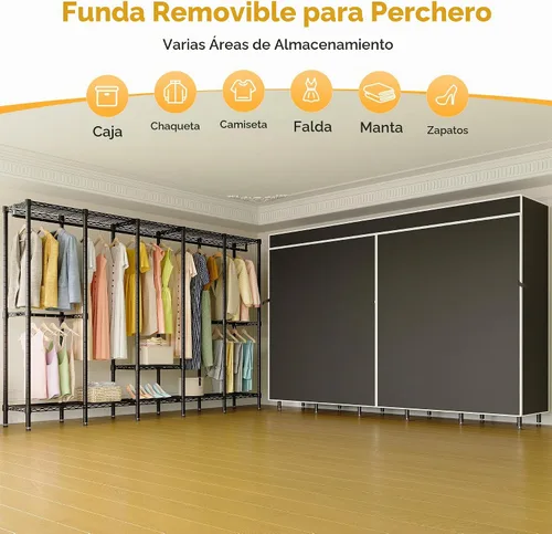 Vista 3 de Higeego Perchero de Ropa Resistente de 94.5" de Ancho con Cubierta, Perchero de Ropa H5C con Estantes Ajustables Armario Closet Independiente