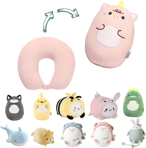 Vista 8 de Almohada de viaje para niños, almohada de cuello deformable 2 en 1 para niños, almohada suave en forma de U con adorable diseño de animales, cómodo