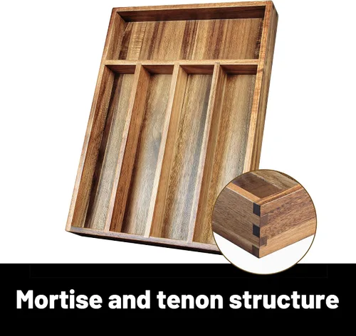 Vista 3 de KITEISCAT Organizador de cubiertos de madera de acacia, organizador de cajones de utensilios de cocina para tenedores, cuchillos y cucharas, bandeja