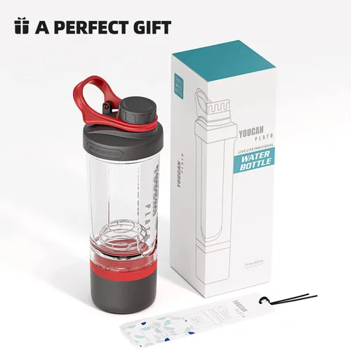 Vista 7 de Botella agitadora de proteínas de 21 oz con contenedor de almacenamiento de polvo - Tazas agitadoras para batidos de proteínas - Botella de Rojo