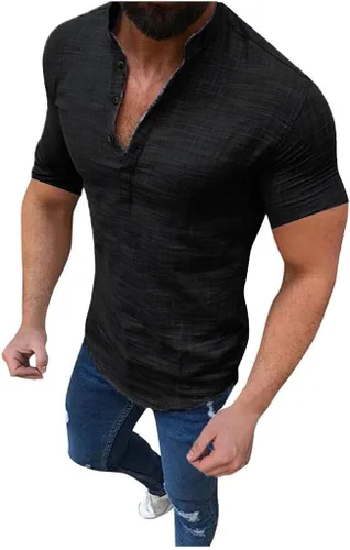 Vista 2 de Camisa Henley de algodón con textura de lino y algodón para hombre, ajustada, de manga corta, atlética, muscular, casual, hippie de playa