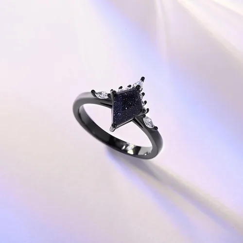 Vista 3 de Anillo de boda gótico negro con piedra arenisca azul, anillos de promesa únicos para mujer