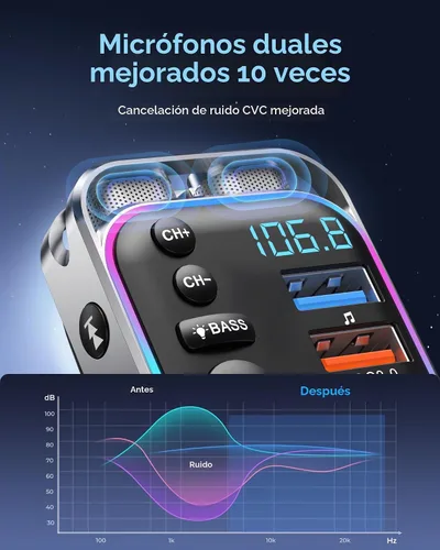 Vista 2 de LENCENT Bluetooth 5.3 Transmisor FM Adaptador de coche 48W (PD30W y QC18W)