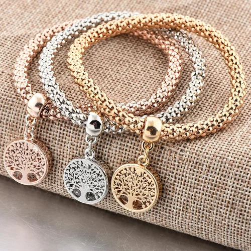 Vista 4 de Long Way 3 pulseras de abalorios chapados en oro rosa y plata para mujer, pulsera elástica multicapa de cristal