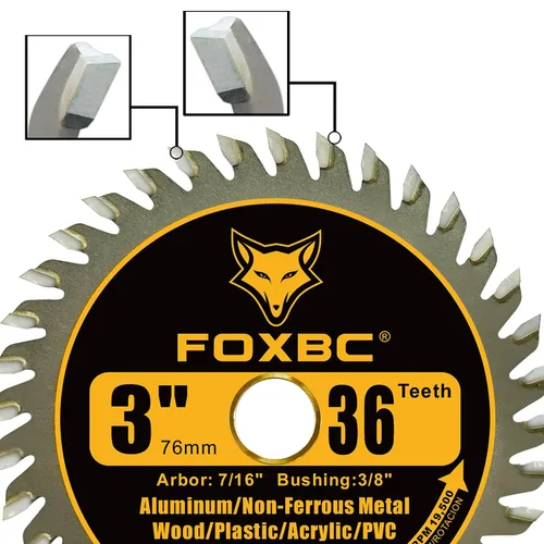 Vista 3 de FOXBC Hoja de sierra circular de carburo de 3 pulgadas, 36 dientes para madera, plástico, PVC, acrílico, aluminio con eje de 7/16", buje de 3/8