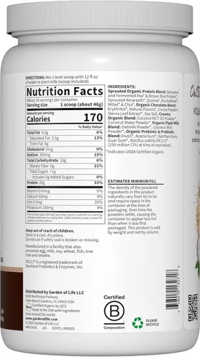 Vista 8 de Garden of Life Proteína vegetal cremosa + leche de avena en polvo + proteína vegana con sabor a chocolate, a base de plantas, prebióticos