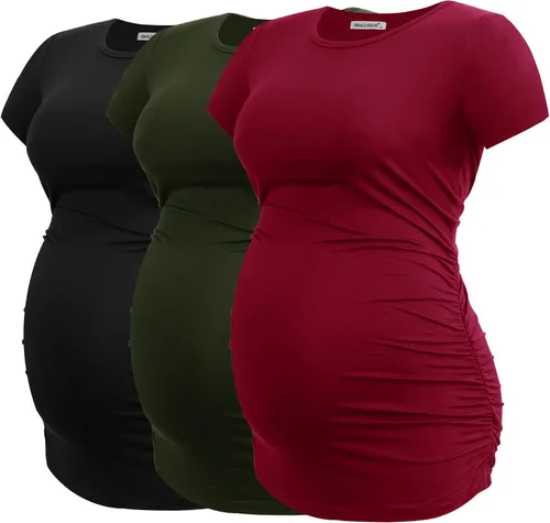 Vista 19 de Smallshow - Camiseta de maternidad para mujer, lados fruncidos, tipo túnica, prendas para el embarazo Verde militar-negro-gris profundo