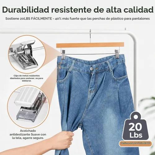 Vista 4 de HOUSE DAY Perchas de madera para pantalones con clips, paquete de 10 Natural