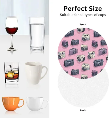 Vista 7 de Retro Camera Pink Print Coasters Set of 4, Drink Coasters for Tabletop Protection Suitable for Kinds of Cups, Funny Cup Coaster for Coffee Table