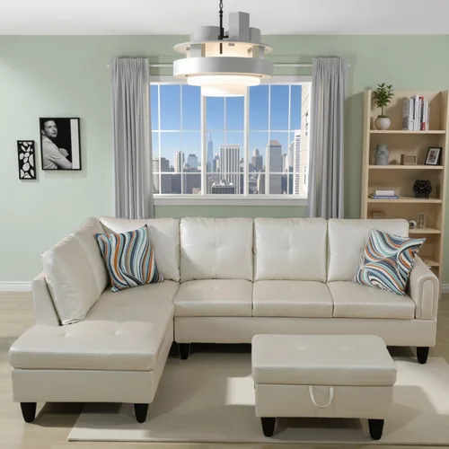 Vista 25 de Sofás en forma de L para sala de estar, muebles de sofá seccional para sala de estar con otomana de almacenamiento, sofá seccional modular con Beige