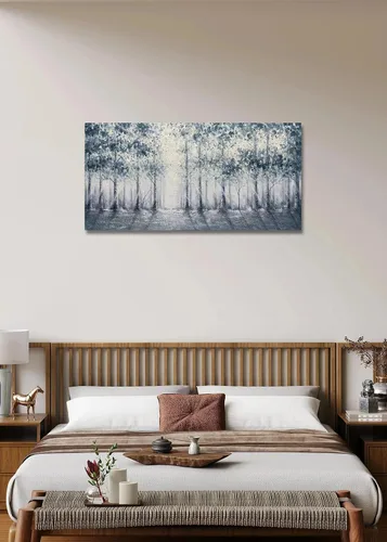 Vista 5 de V-inspire arte, 24x48 pulgadas moderno impresionista árbol arte 100% pintado a mano lienzo arte de la pared pintura al óleo grande azul gris