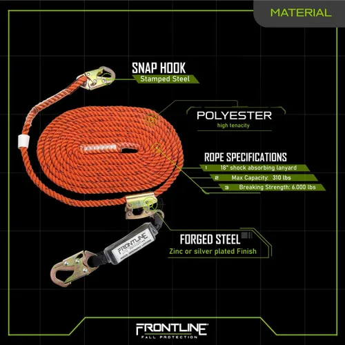 Vista 4 de Frontline VLP25R3L Premium - Línea de vida vertical con agarre de cuerda que se abre de 25 pies y paquete de choque, cuerda de alta resistencia
