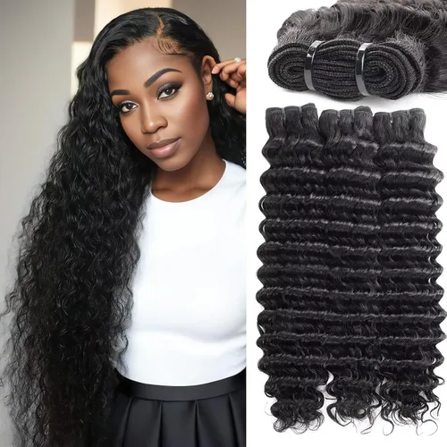 Vista 24 de Manojos de cabello humano ondulado profundo de 12, 14, 16 pulgadas, paquetes de ondas de agua, 100% sin procesar, 10A, cabello humano virgen