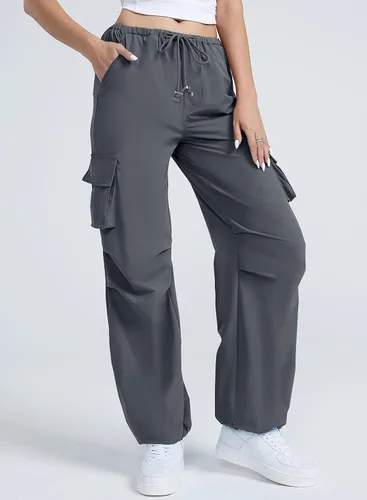 Vista 3 de Pantalones cargo con bolsillos, pantalones de paracaídas para mujer, pantalones holgados Y2K con cordón de moda