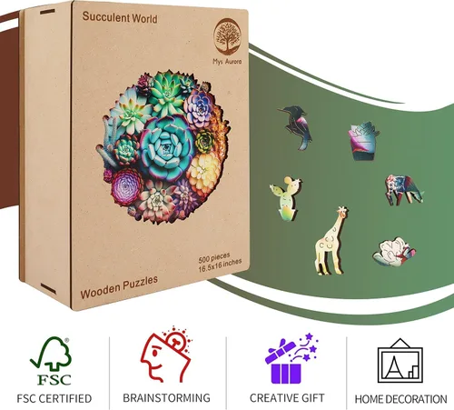 Vista 34 de Mys Aurora Rompecabezas de madera de cactus para adultos, 200 piezas Flor de cactus
