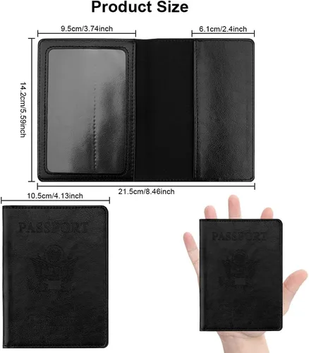 Vista 2 de Funda de cuero para pasaporte - Cartera de pasaporte de viaje para mujeres y hombres, artículos esenciales para el aeropuerto con protector, Negro