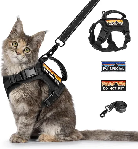 Vista 11 de Arnés táctico para gato y correa para caminar a prueba de esacpe, chaleco grande de malla suave ajustable para gatos con mango de goma fácil