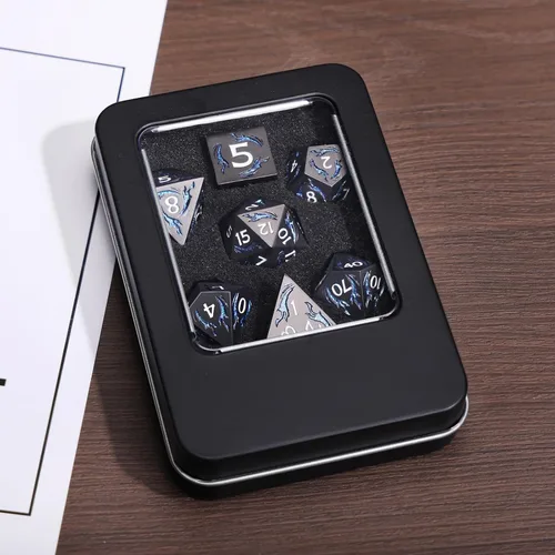 Vista 6 de Juego de dados de metal, 7 piezas de dados metálicos DND, dados poliédricos D&D con caja de metal de regalo para juego de mesa de Calabozos