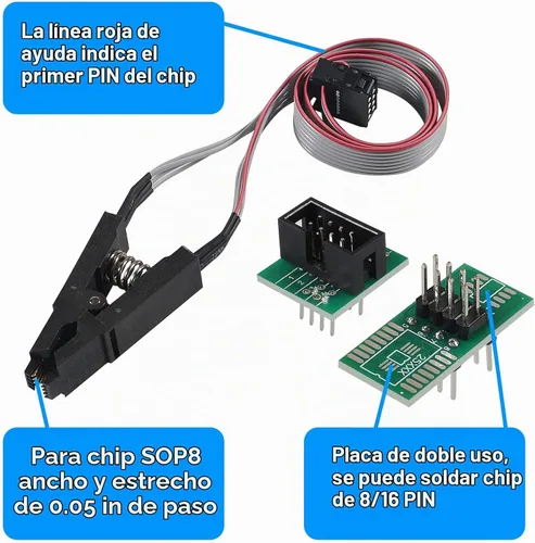 Vista 7 de AiTrip Programador USB EEPROM BIOS CH341A + Pinza SOIC8 + Adaptador 1.8V + Adaptador SOIC8 para Flash Serie 24 25