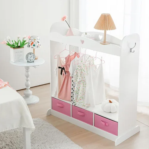 Vista 9 de RELIANCER Armario de disfraces para niños con espejo, armario colgante abierto con estante para ropa, vestidor de almacenamiento de disfraces