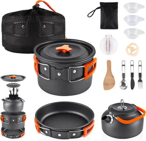 Vista 8 de aiGear Camping Cookware with Pot Pan Kettle Cutlery Tableware (1-2 People) Lightweight aluminum alloy, folding handles, nesting design, portable